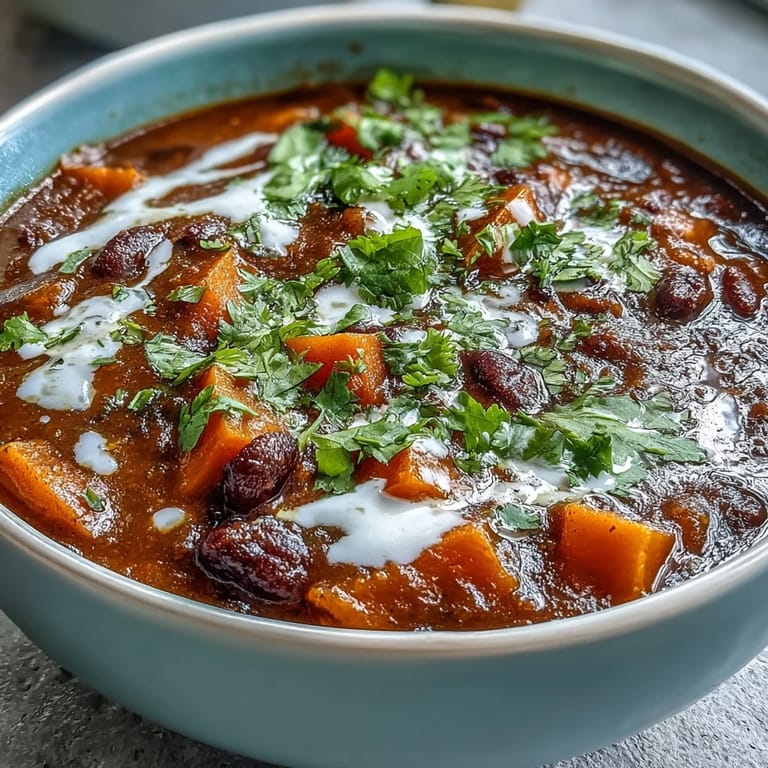 Hearty vegetarian soup featuring smoky spices, sweet potatoes, and black beans, finished with a bright lime crema drizzle and fresh herbs.