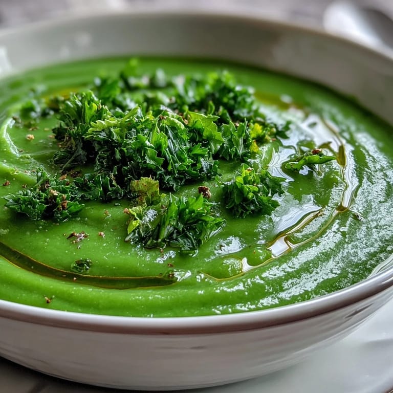 Creamy green detox soup with zucchini, peas, and spinach garnished with parsley and lemon zest