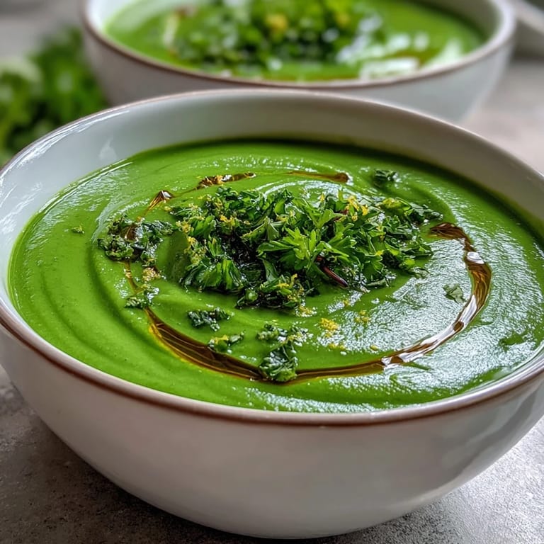 Nourishing green vegetable soup with zucchini, peas, and broccoli served in a rustic bowl with mint garnish