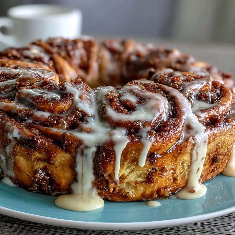 Golden-baked cinnamon roll wreath drizzled with sweet icing and decorated in traditional Mardi Gras colors for a celebratory dessert.  