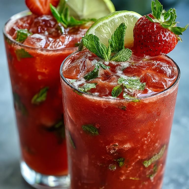 Chilled strawberry watermelon daiquiri mocktail with vibrant red hues, fresh mint leaves, and citrus garnish in clear glasses.