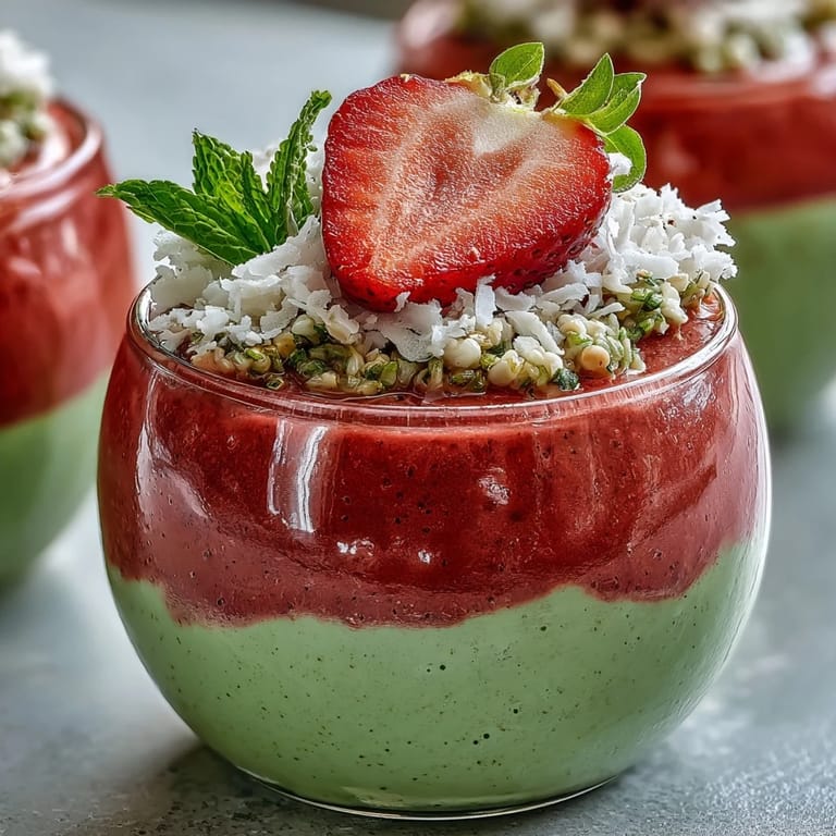 Beautifully layered strawberry matcha chia pudding in glass jars, perfect for healthy breakfast or refreshing snack.
