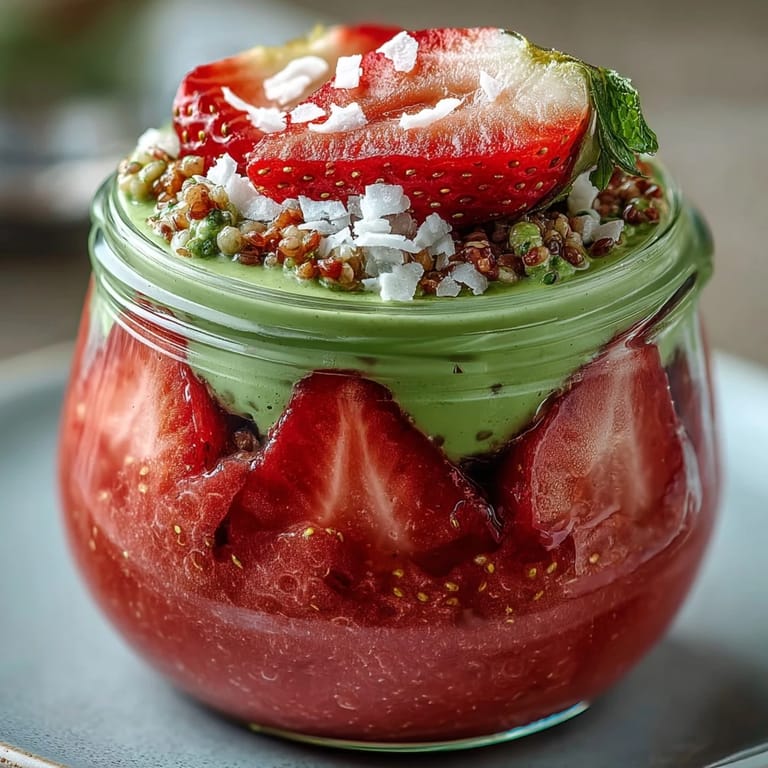Chilled chia pudding jars with bright strawberry and matcha layers, garnished with sliced strawberries and toasted coconut.