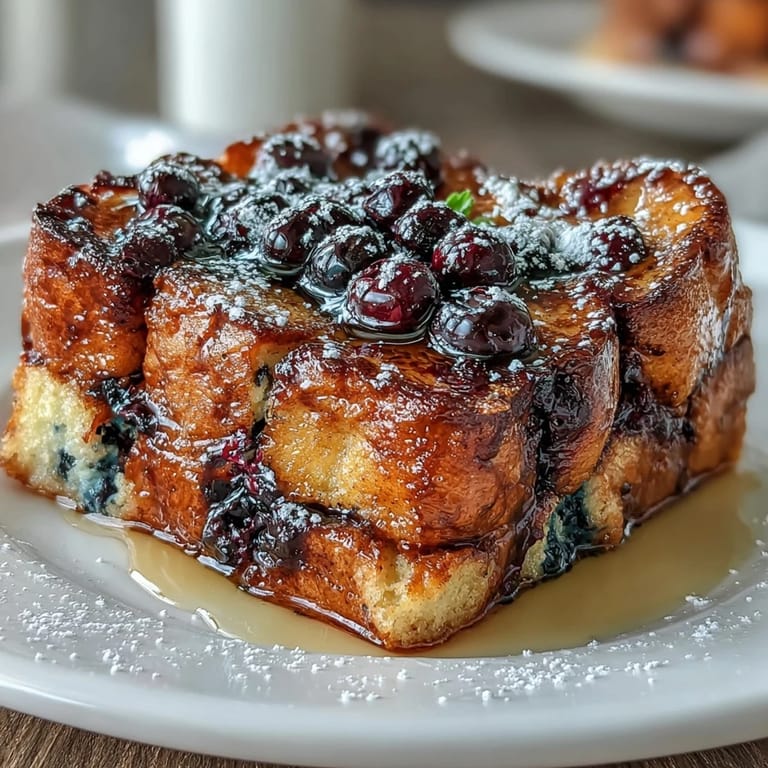 Tangy blueberry and lemon sourdough casserole, layered with custard and topped with crunchy almonds, perfect for feeding a hungry crowd at breakfast.