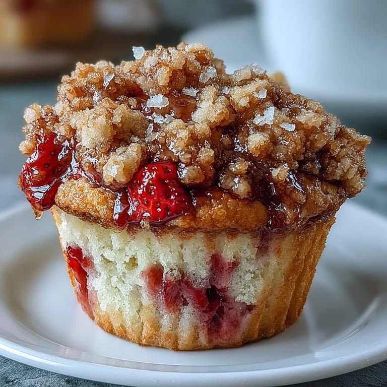Buttery crumble-topped strawberry muffins with juicy fruit and fragrant lemon zest, baked golden for a delicious morning snack.