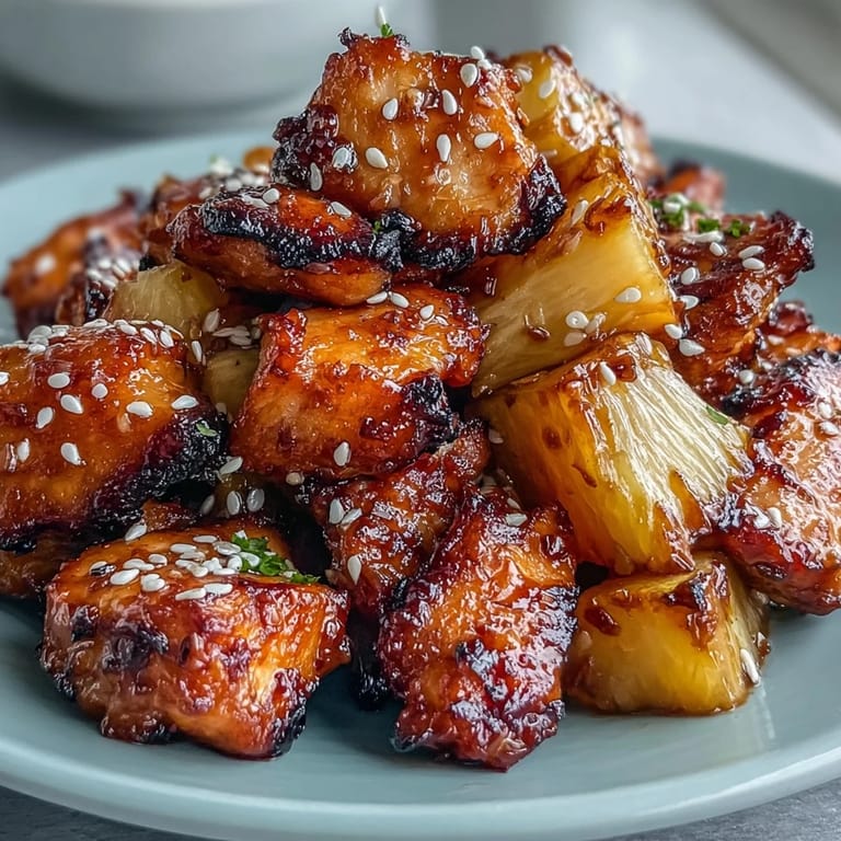 Easy air fryer chicken pineapple bites featuring tender chicken and tropical pineapple, ideal for quick and tasty snacks.