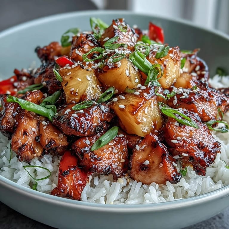 2. Sweet and savory teriyaki chicken served over fluffy rice with juicy pineapple chunks and colorful bell peppers for a satisfying dinner.