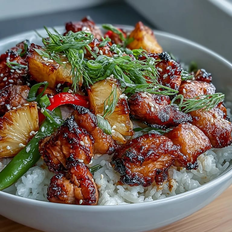 3. Homemade teriyaki sauce coats juicy chicken and fresh pineapple in this easy, dairy-free rice bowl, garnished with sesame seeds and spring onions.