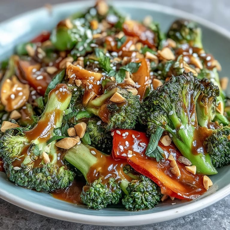 Colorful Healthy Easy Veggie Stir-Fry with Peanut Sauce served over jasmine rice, featuring tender-crisp vegetables and a rich, savory peanut dressing, topped with chopped peanuts.  