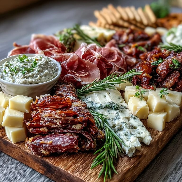 Artisanal housewarming charcuterie board featuring brie, salami, olives, crackers, and vibrant roasted red pepper hummus.