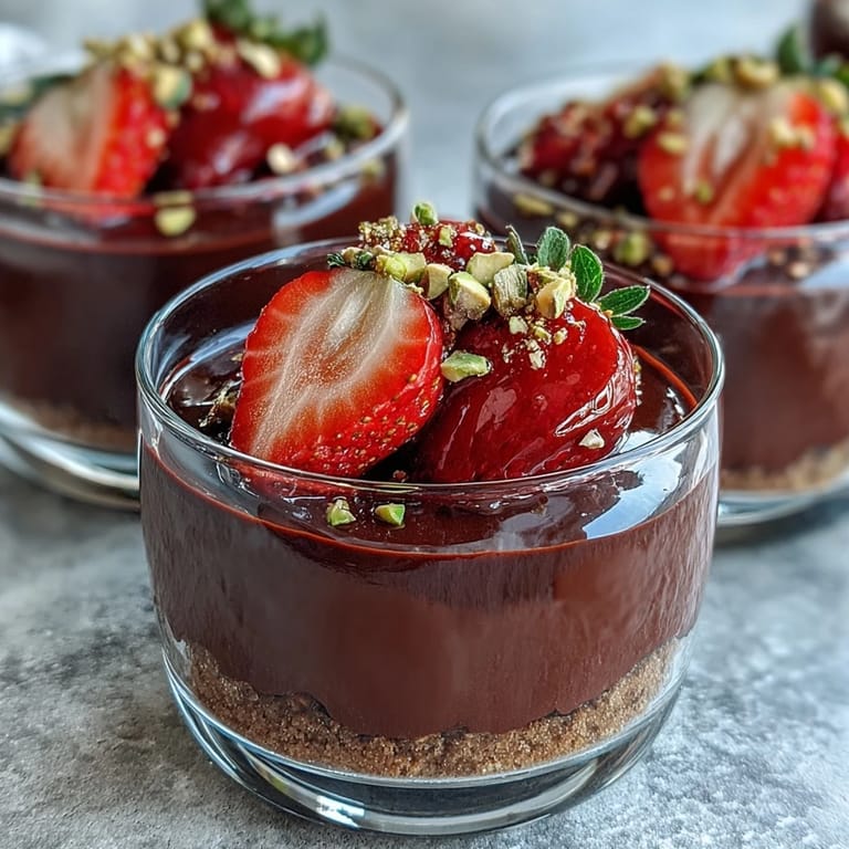 Indulgent chocolate and strawberry cups inspired by Dubai's love for opulence, featuring silky ganache, juicy strawberries, and crunchy pistachios in elegant glassware.