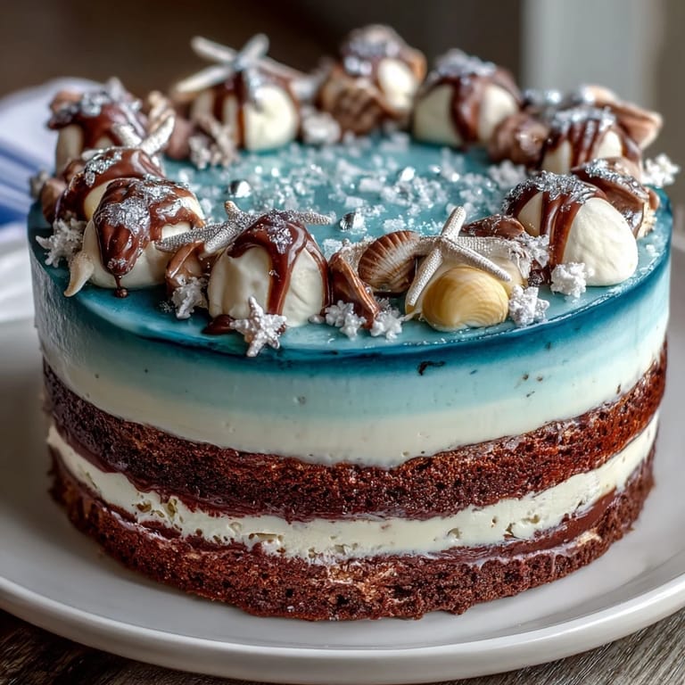 Stunning ocean-inspired birthday cake with gradient blue buttercream, white chocolate seashells, and shimmering edible glitter for a Pisces-themed dessert.