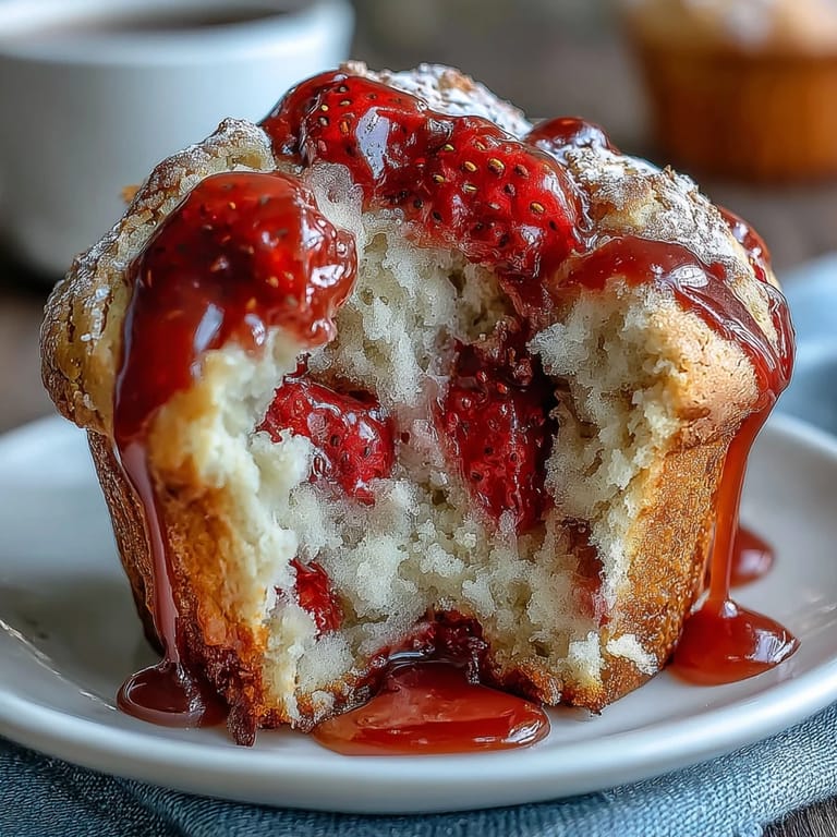 Moist muffins filled with diced strawberries and finished with a zesty lemon glaze, ideal for a sunny morning delight.