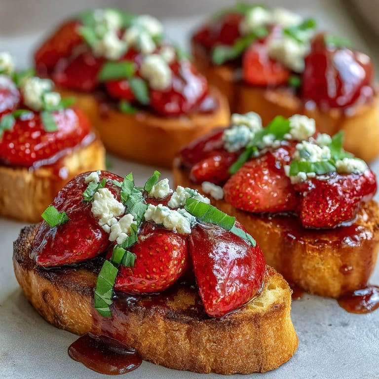 Sweet strawberries, tangy balsamic glaze, and soft cheese atop golden toasted bread for a fresh appetizer.