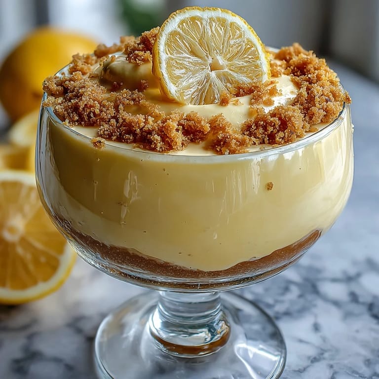 Bright lemon mousse paired with crisp shortbread crumble, garnished with fresh berries for a delightful treat.