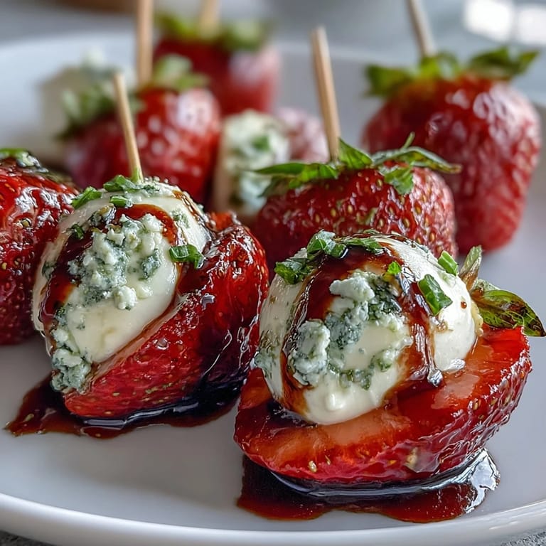Colorful strawberry caprese skewers arranged with fresh basil and mozzarella balls, finished with a glossy balsamic glaze.