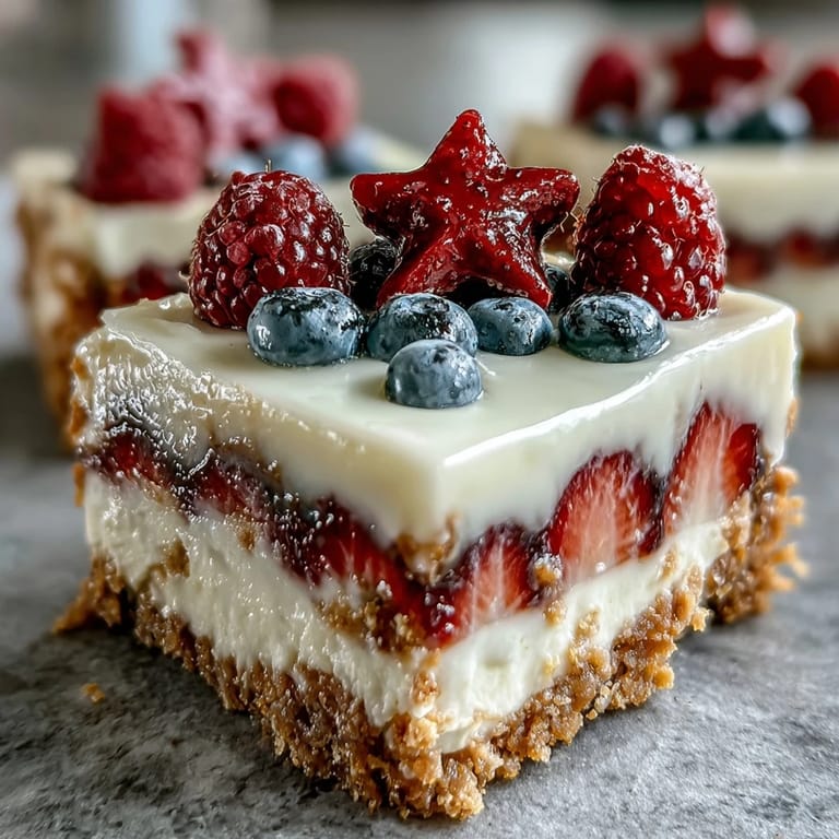 No-bake cheesecake flag cake featuring a smooth filling and vibrant berry stripes for a stunning Fourth of July dessert.