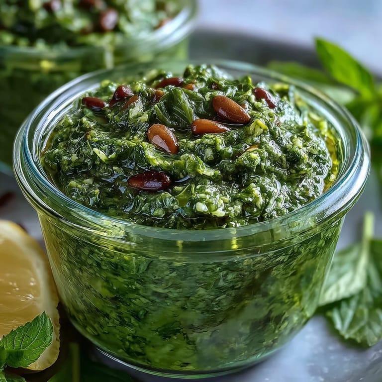 Fresh dandelion greens blended with toasted pine nuts and garlic, creating a zesty, nutrient-rich pesto sauce for Italian-inspired dishes.  