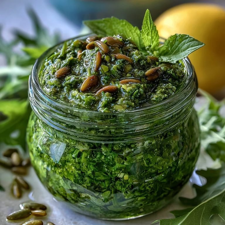Homemade dandelion pesto featuring garlic and pine nuts, offering a unique twist on classic pesto with bright, earthy flavors.