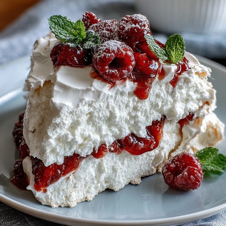 Delicate Mothers Day Pavlova with Mixed Berries, featuring a soft marshmallow center, whipped cream, and a colorful berry medley for a spring celebration.  