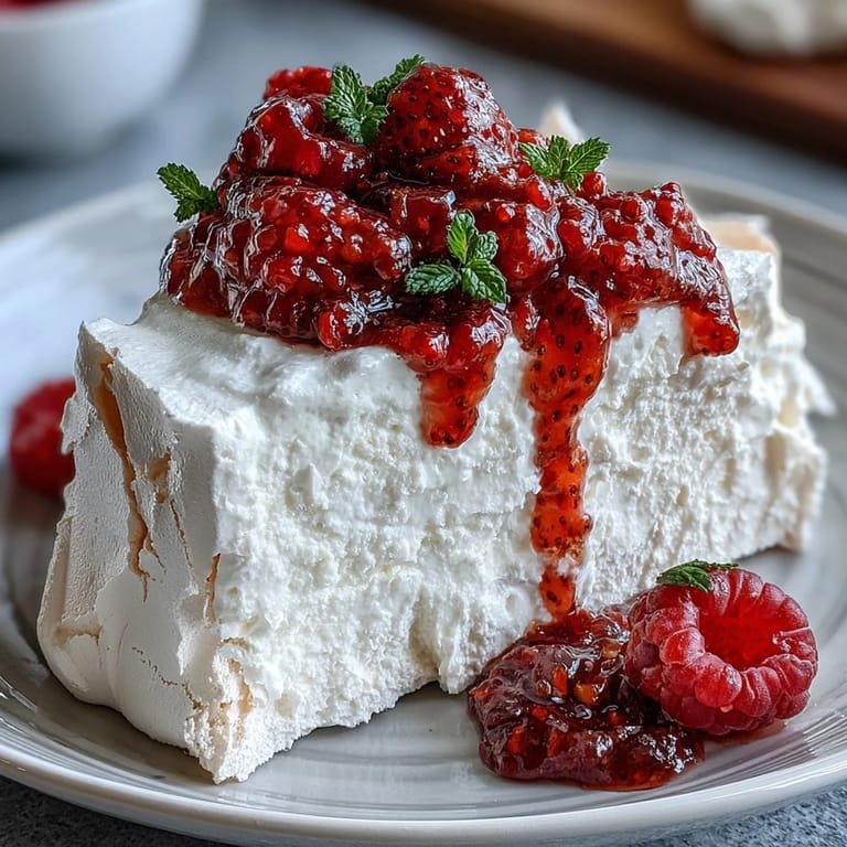 Showstopping Mothers Day Pavlova with Mixed Berries, golden meringue shell with fresh raspberries, blueberries, and mint for an elegant holiday treat.