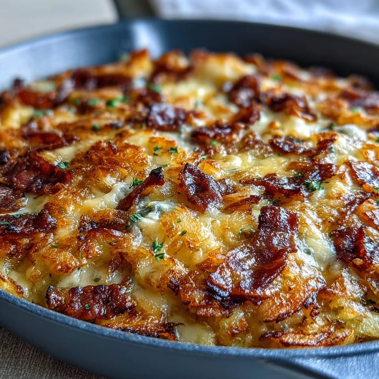 Comforting Amish breakfast bake featuring golden hash browns, savory sausage, and creamy eggs, ideal for a hearty morning meal.