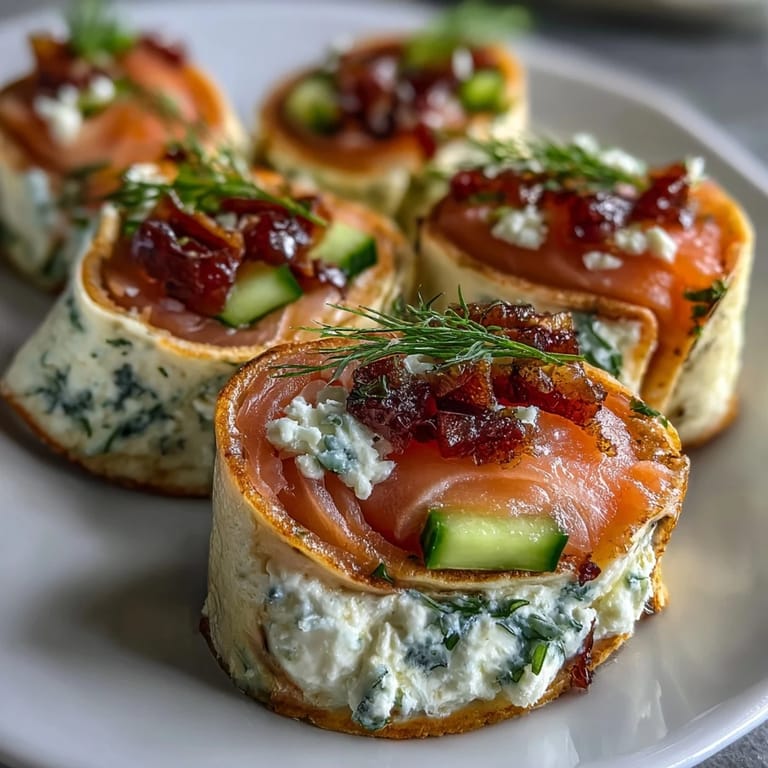 Elegant smoked salmon and cucumber pinwheels, rolled in creamy dill-infused cheese and served chilled for parties.