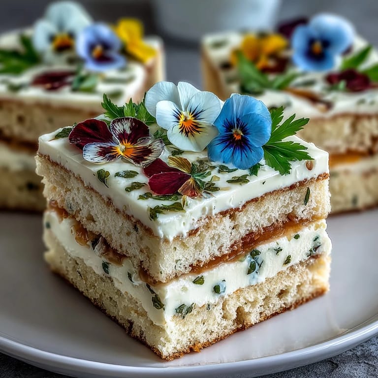Elegant lemon curd layer cake adorned with pressed edible flowers, offering a fragrant and refreshing spring treat.