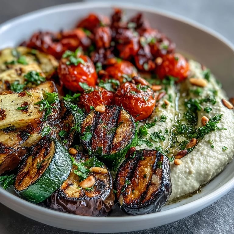 Vibrant grilled summer vegetables paired with rich, creamy hummus, drizzled with olive oil and sprinkled with fresh herbs for a fresh appetizer.