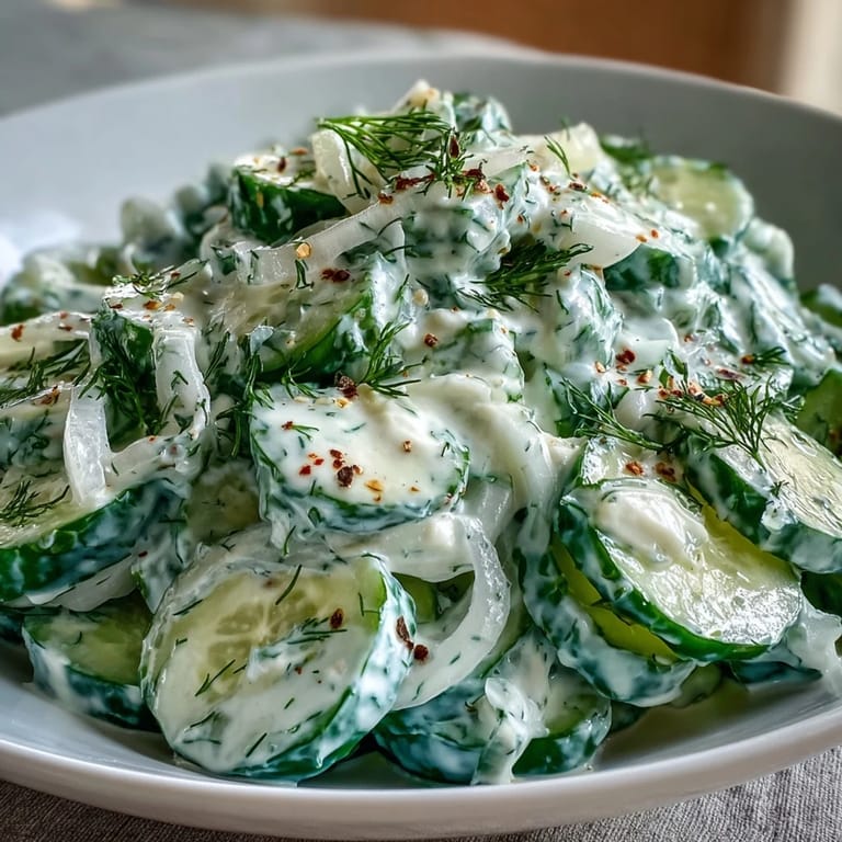 A refreshing Creamy Cucumber Dill Salad featuring thinly sliced cucumbers and red onion, tossed in a creamy herb dressing.