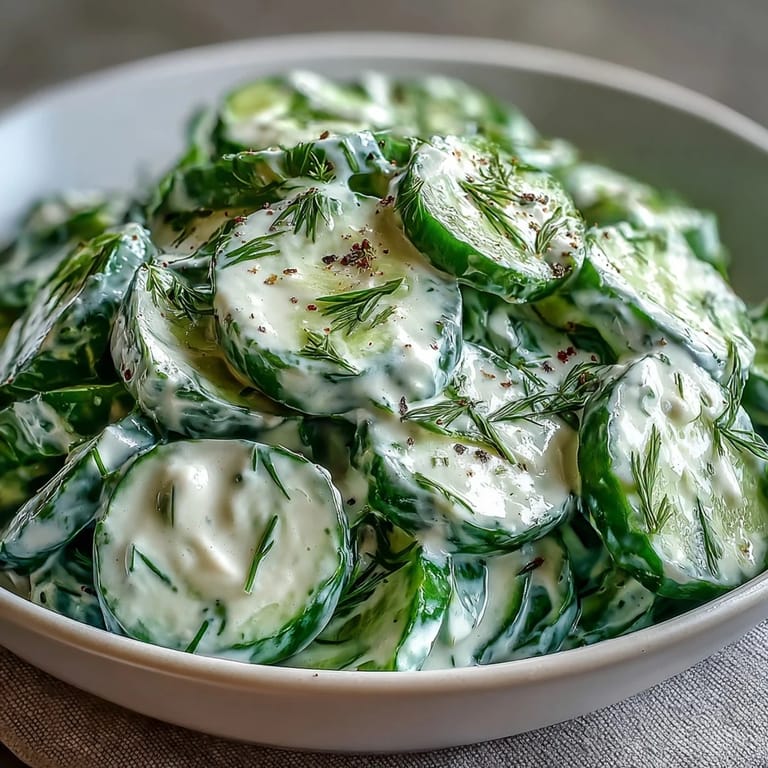 Cool and creamy Creamy Cucumber Dill Salad with fresh dill and garlic, served chilled as a light vegetarian side dish.