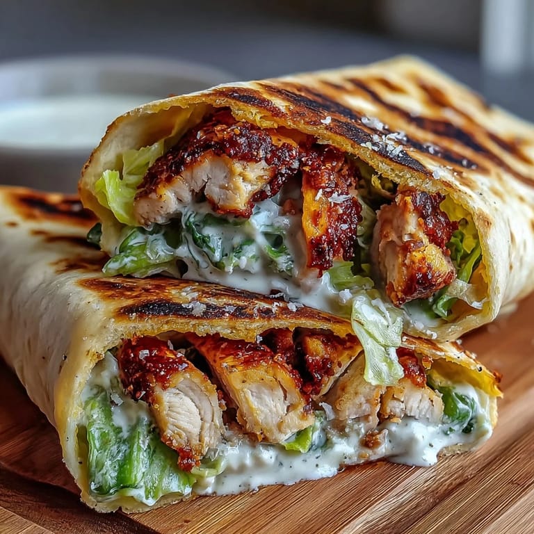 A delicious fusion wrap, these Garlic Naan Grilled Chicken Caesar Wraps combine smoky chicken, tangy Caesar salad, and soft garlic naan.