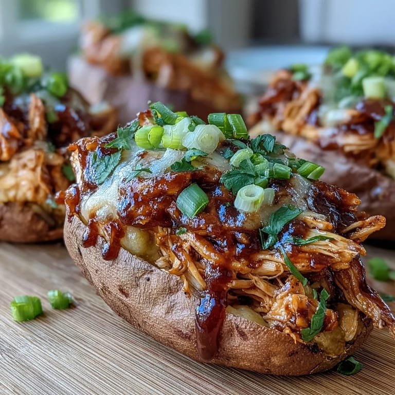 Chopped fresh cilantro and melty cheddar cheese top these honey BBQ chicken stuffed sweet potatoes, served warm and ready for a weeknight family dinner.