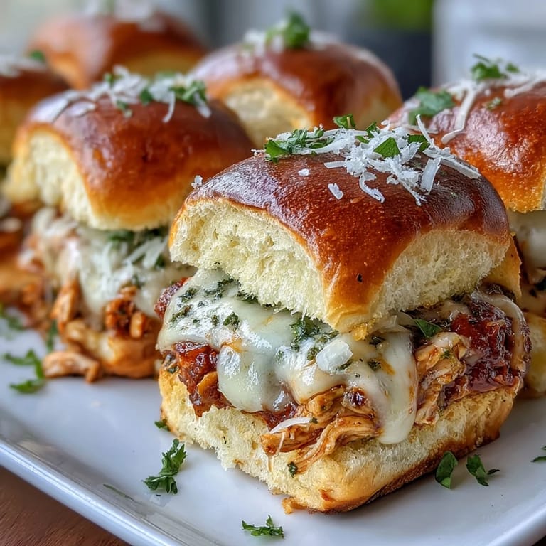 Freshly baked Pesto Chicken Parmesan Sliders served warm, dripping with rich marinara sauce and topped with chopped parsley garnish.