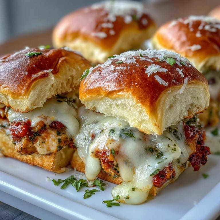 Platter of Pesto Chicken Parmesan Sliders with melted cheese and toasted brioche buns, ideal for a quick family dinner or party.
