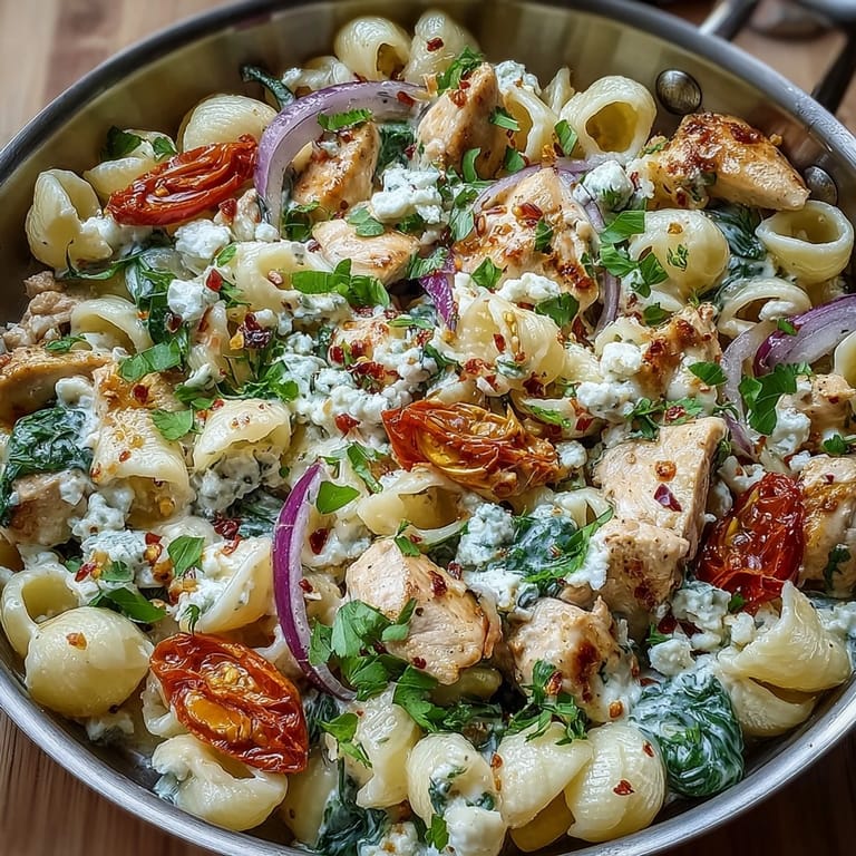Sunlight catches the glossy, creamy yogurt and lemon sauce coating the penne pasta, with sautéed chicken chunks and wilted spinach mixed throughout. A generous shower of tangy feta cheese and a pinch of red pepper flakes adds texture and color to this one-skillet meal.