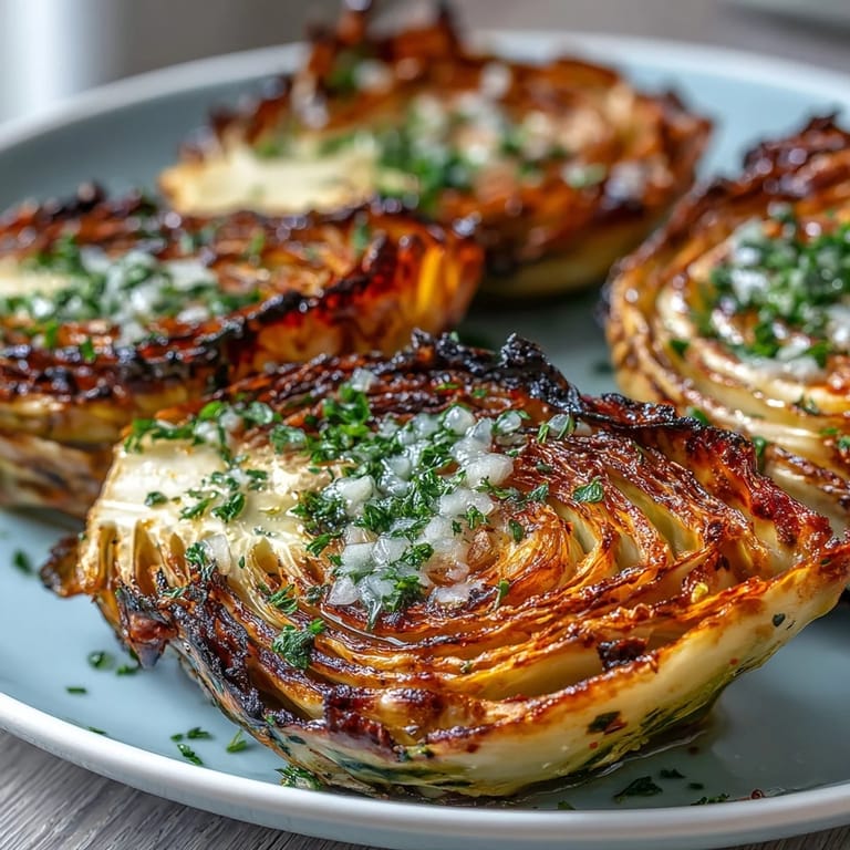 Thick cabbage slices caramelized in the oven, brushed with olive oil and spices for a hearty, gluten-free main or side.  