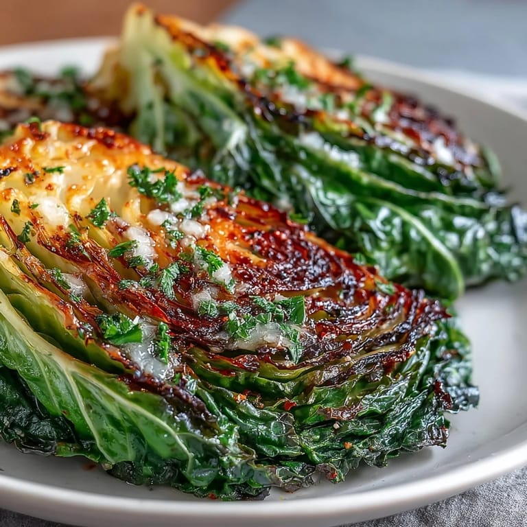 Crispy-edged roasted cabbage steaks drizzled with fresh lemon juice and parsley, perfect for a light, flavorful meal.