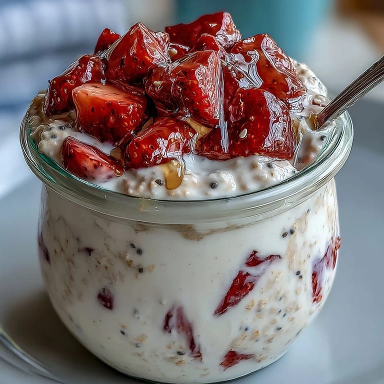 Delicious strawberry vanilla overnight oats in a glass bowl, garnished with diced berries and crunchy sliced almonds.