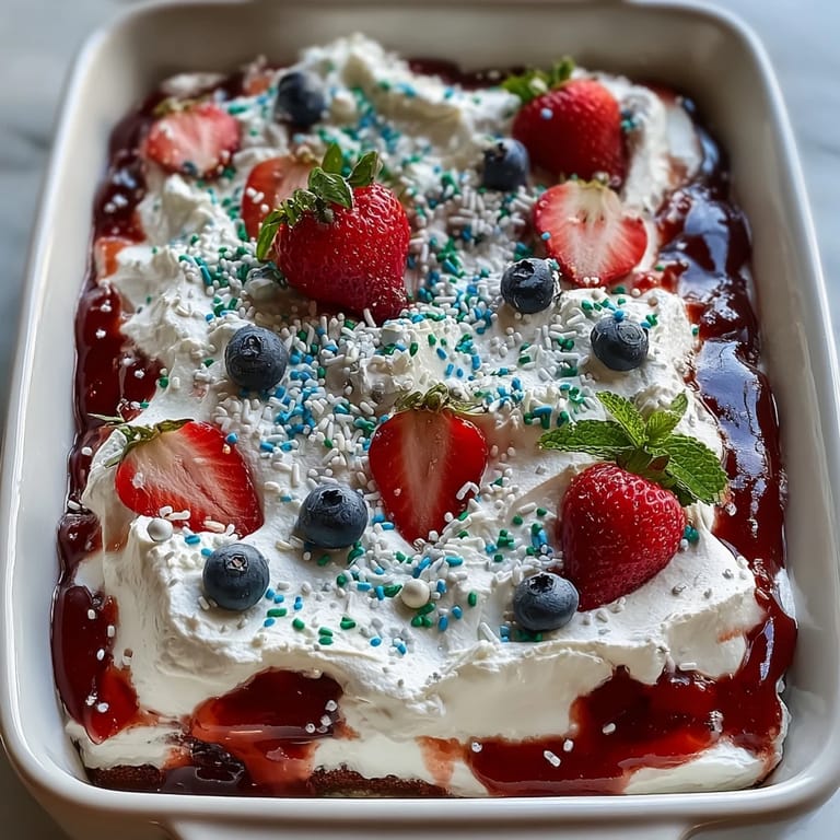 Festive Memorial Day poke cake featuring colorful red and blue gelatin filling in a soft white cake, finished with fluffy whipped cream and festive sprinkles.