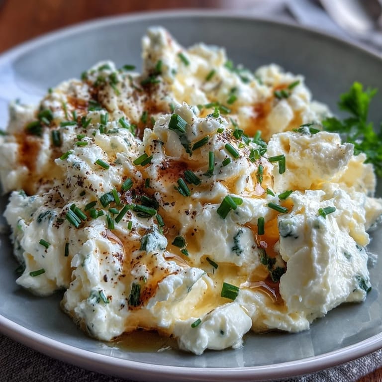High-protein cottage cheese scrambled eggs, gently cooked to creamy perfection, garnished with green onions and cracked black pepper.  