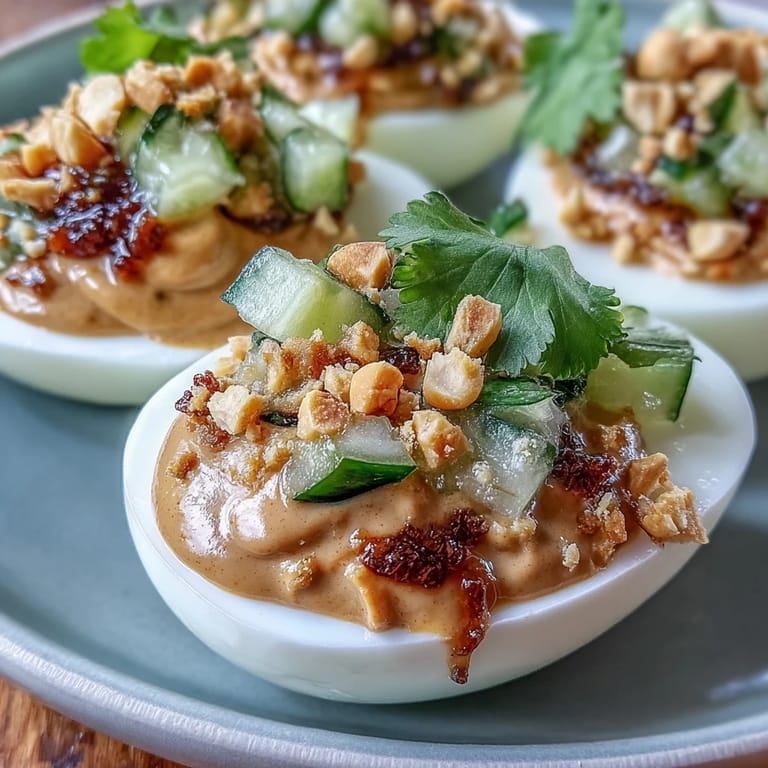 Spicy Thai-inspired deviled eggs filled with peanut butter and sriracha, garnished with crunchy cucumber relish and roasted peanuts.