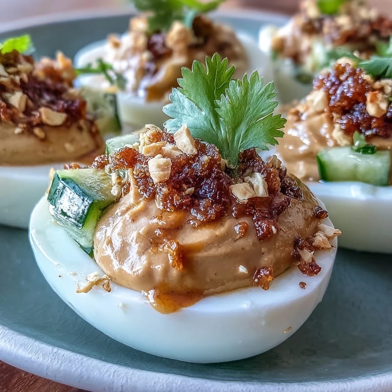 Creamy peanut butter deviled eggs with zesty lime and ginger, finished with a bright cucumber-cilantro relish for a refreshing twist.