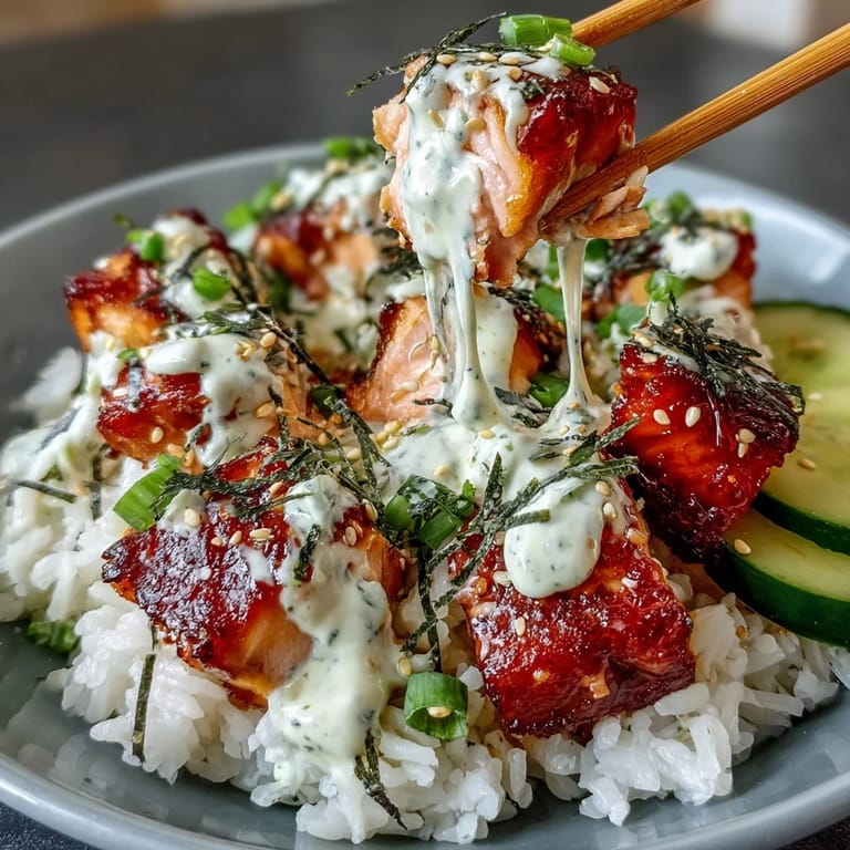 Vibrant salmon rice bowl featuring spicy mayo sauce, toasted sesame seeds, and fresh cucumber slices for a satisfying meal.