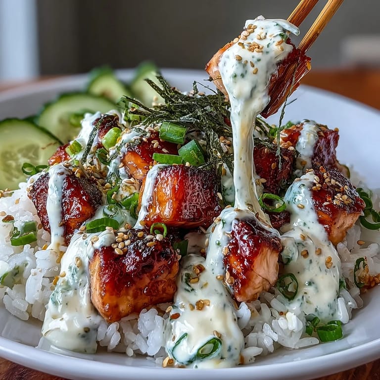 Flavorful rice bowl with cooked salmon, spicy mayo dressing, and sliced avocado, garnished with nori and spring onions.