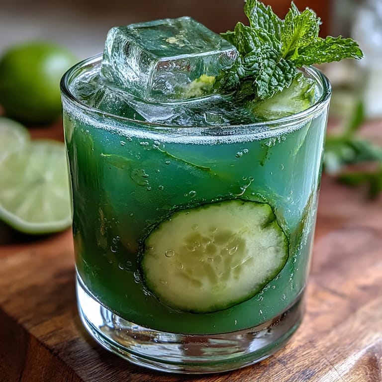 Hydrating cucumber mint agua fresca served over ice with crisp cucumber slices and bright lime wedges.