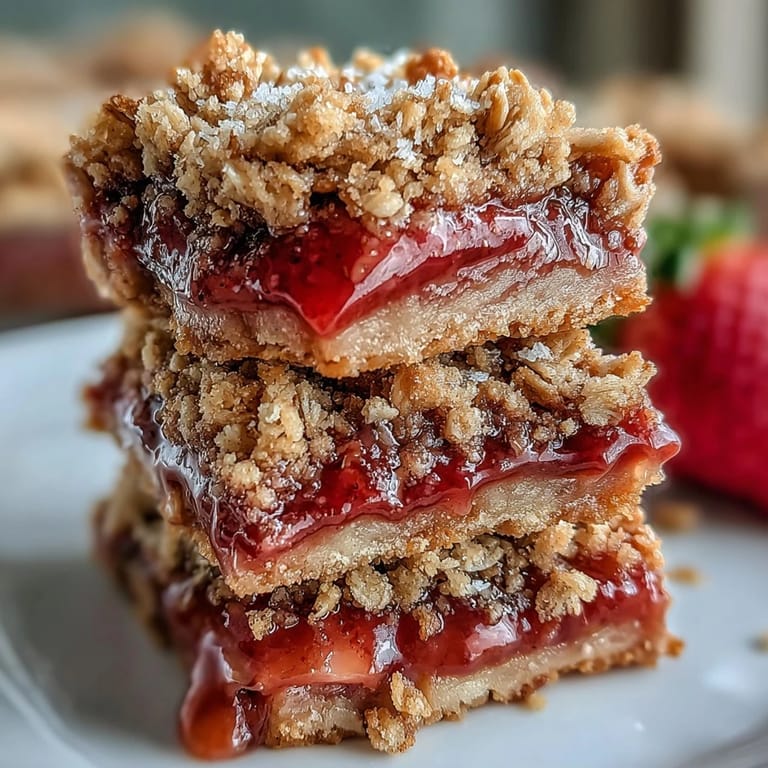 Golden brown crumble bars filled with tangy strawberries and rhubarb, layered between buttery oat crust and topping for a delightful treat.