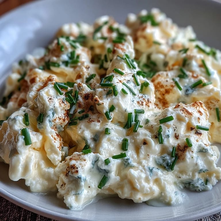 Fluffy scrambled eggs blended with rich cottage cheese, topped with herbs, presented on a rustic plate for a nourishing breakfast.