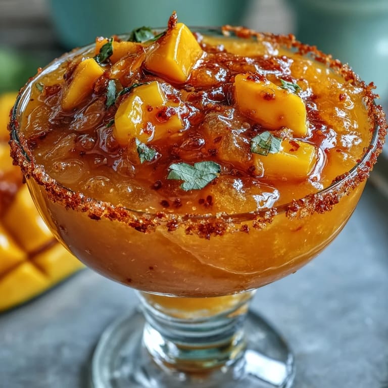 Zesty and sweet Cinco de Mayo Mangonada Mocktail featuring chili-dusted mango ice, lime tang, and colorful chamoy drizzle in chilled cups.