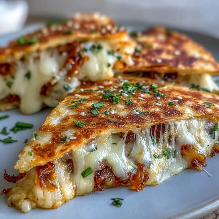 3. Golden-brown quesadillas oozing with melted cheese and zesty kimchi, offering a bold twist on classic comfort food.
